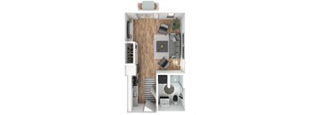 a stylized floor plan with a bedroom and a living room