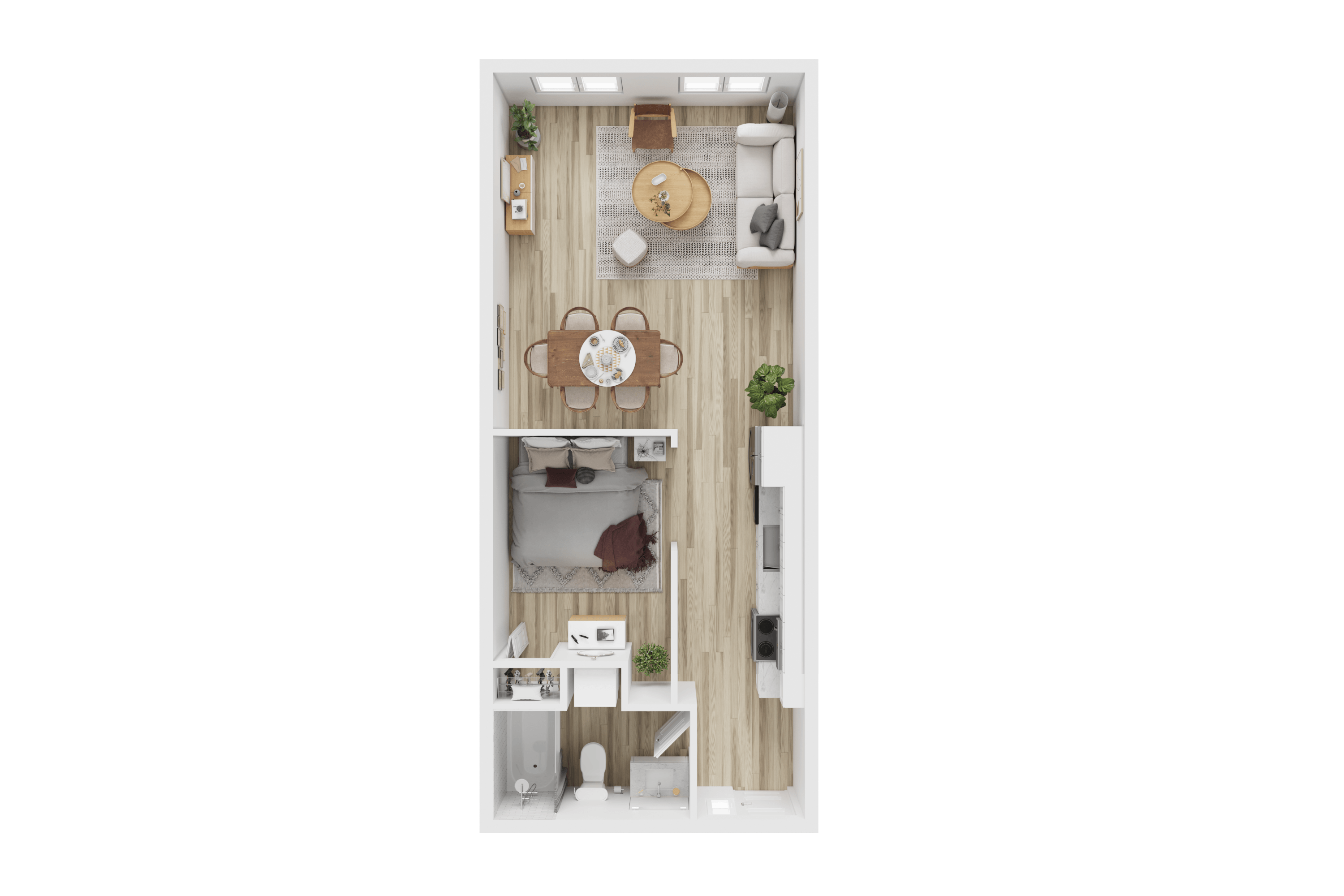 A top-down view of an apartment with a kitchen, living room, and bedroom at Columbia City Apartments