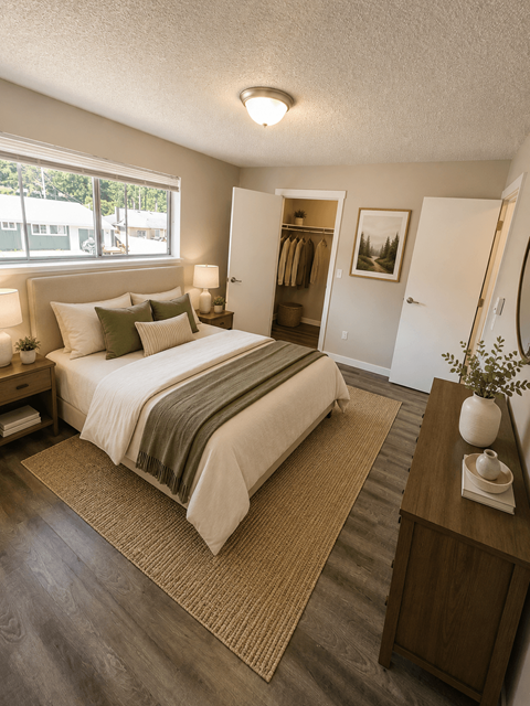 A bedroom with a bed, nightstand, and a window with a view of the outside.