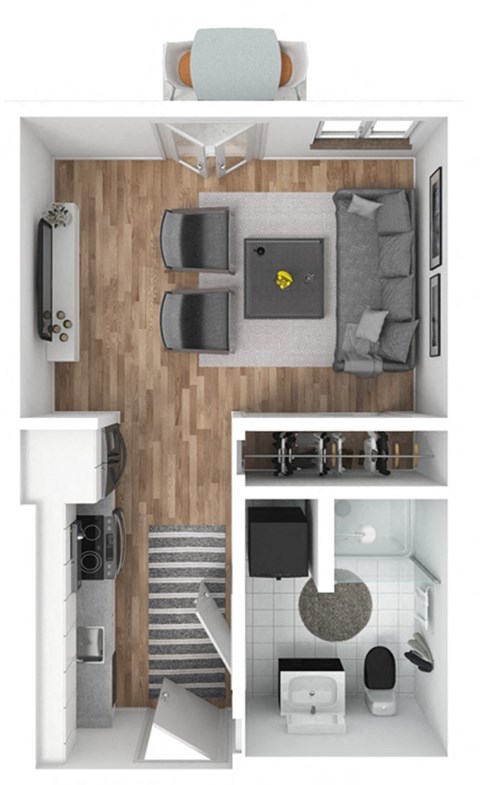 a stylized floor plan with a bedroom and a living room at The Hub, Lacey, WA, 98503