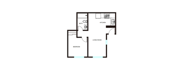 A floor plan of a small apartment with a bedroom, living room, and kitchen.