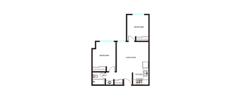 A floor plan of a small apartment with two bedrooms, a living room, a kitchen, and a bathroom.