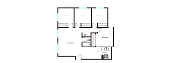 A floor plan of a house with four bedrooms, a living room, a bathroom, and a kitchen.