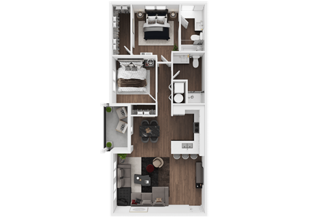 A top-down view of a small apartment with a kitchen, living room, and bedrooms.