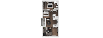 A top-down view of a small apartment with a kitchen, living room, and bedrooms.