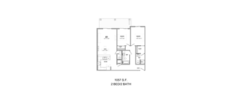 A floor plan for a 2 bedroom/2 bath apartment at 1057 S.F.