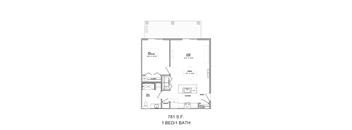 A floor plan for a 1 bedroom/1 bath apartment at 781 S.F.