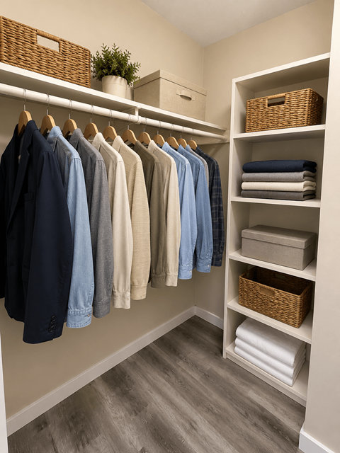 Clothes hanging on a rack in a closet.