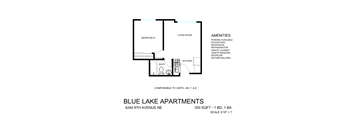 A floor plan for Blue Lake Apartments shows a living room, a kitchen, a bathroom, and a bedroom.