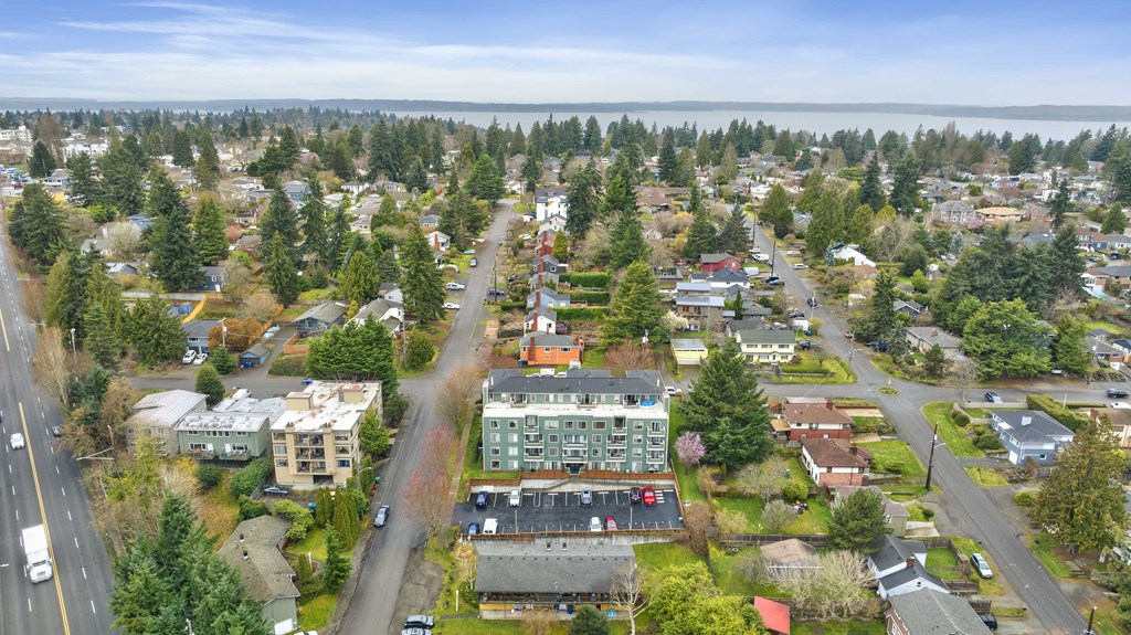an aerial view of a city with houses and trees