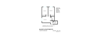 A floor plan for Bager Apartments shows two bedrooms, a living room, a kitchen, and an entry.