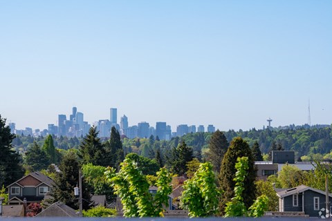 Seattle city skyline view from rooftop lounge at Bode-88 apartments