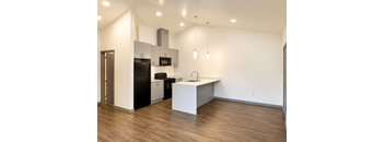 A kitchen with black appliances and a white counter.