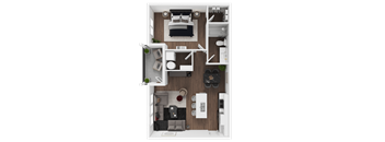A top-down view of a small apartment layout with a bedroom, living room, kitchen, and bathroom.