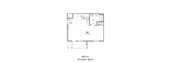 A floor plan of a studio apartment with a bathroom and a living room.