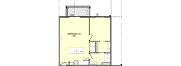 A floor plan of a one bedroom unit with a bathroom and a kitchen.