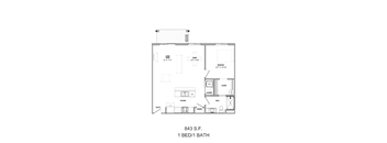 A floor plan for a 1 bedroom/1 bathroom apartment.