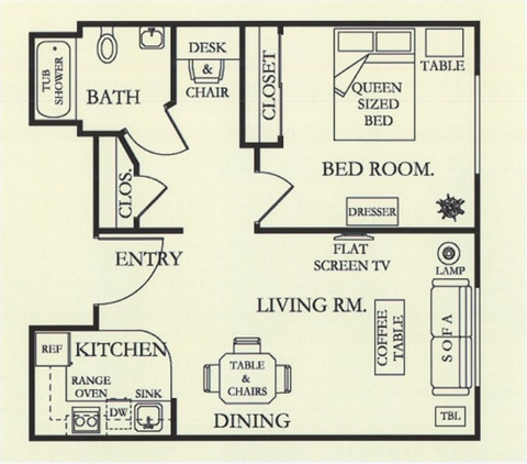 a floor plan for a bedroom house with a bathroom and a bed