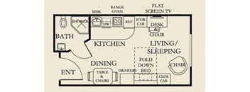 a floor plan of a small house with a bathroom and a bedroom