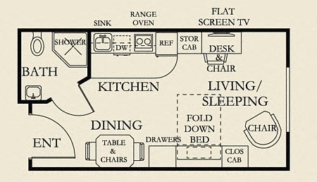 a floor plan of a small house with a bathroom and a bedroom