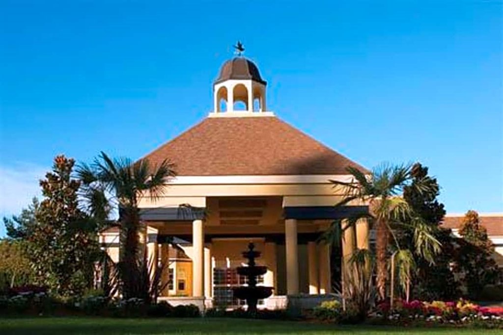 a building with a bell tower and palm trees