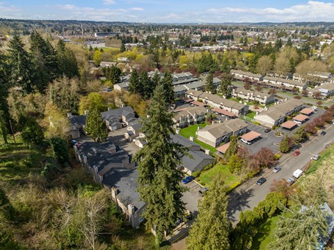 A bird's eye view of a residential area with houses and trees.