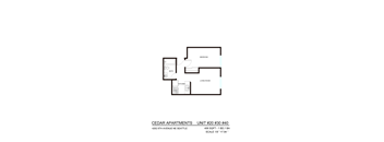 A floor plan for a one bedroom apartment at Cedar Apartments.
