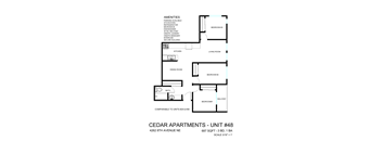 A floor plan for a unit at Cedar Apartments, showing a living room, dining room, kitchen, and four bedrooms.