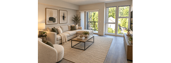 A living room with a white couch, a coffee table, and two framed pictures on the wall.