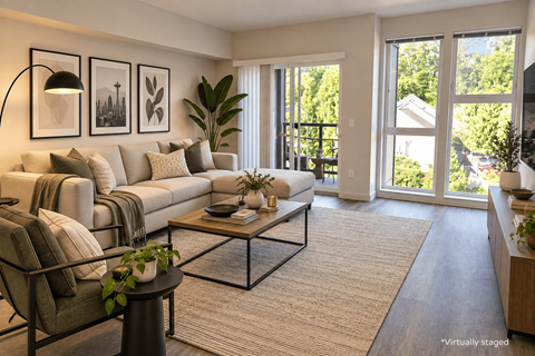 A living room with a couch, a coffee table, and a chair.