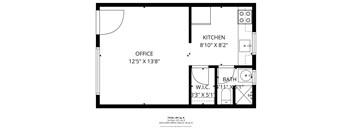 Studio Apartment floorplan with Kitchen, Living Space, Bathroom and Large Closet