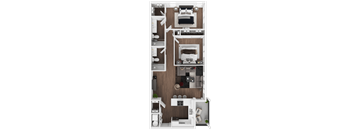 A top-down view of a small apartment with a kitchen, living room, and bedroom.