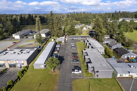 an aerial view of a parking lot with houses and trees