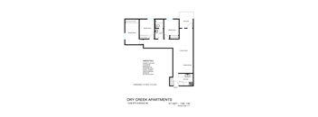 A floor plan for Dry Creek Apartments shows three bedrooms and two bathrooms.