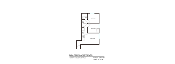 A floor plan for Dry Creek Apartments shows a living room, a kitchen, and two bedrooms.