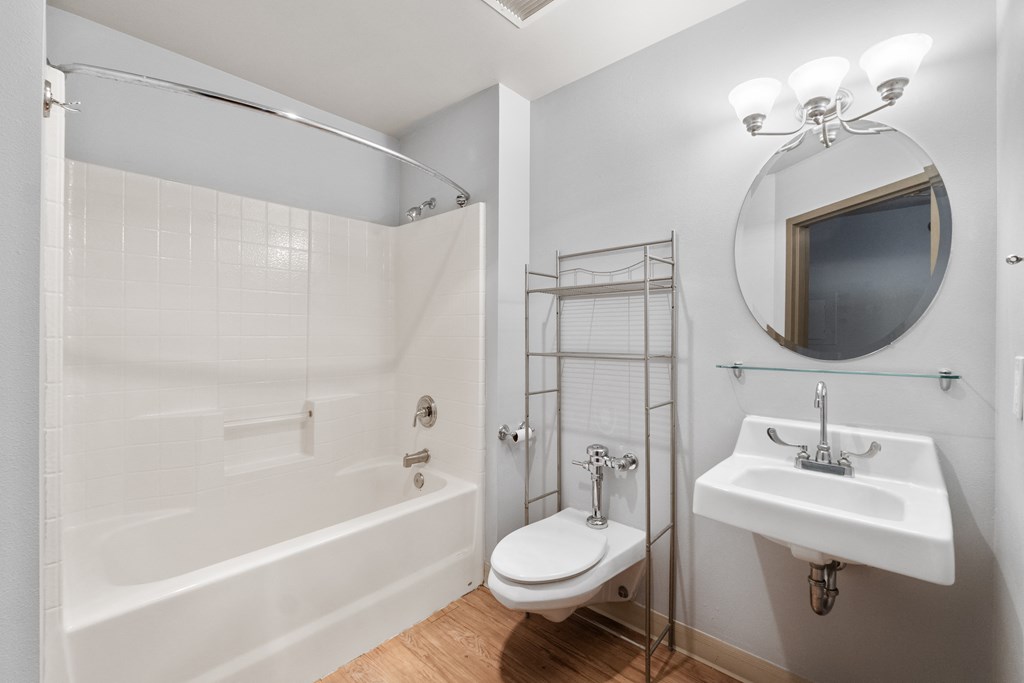 a bathroom with a shower sink and toilet and a mirror