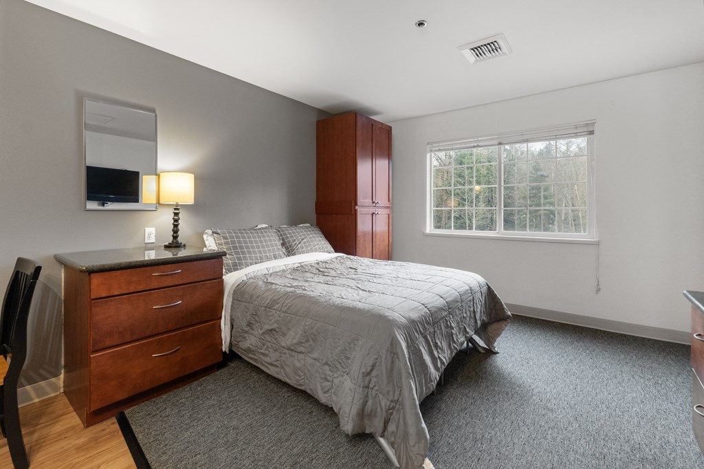 a bedroom with a bed and a dresser and a window