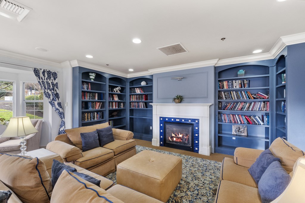 the living room has a fireplace and blue bookshelves