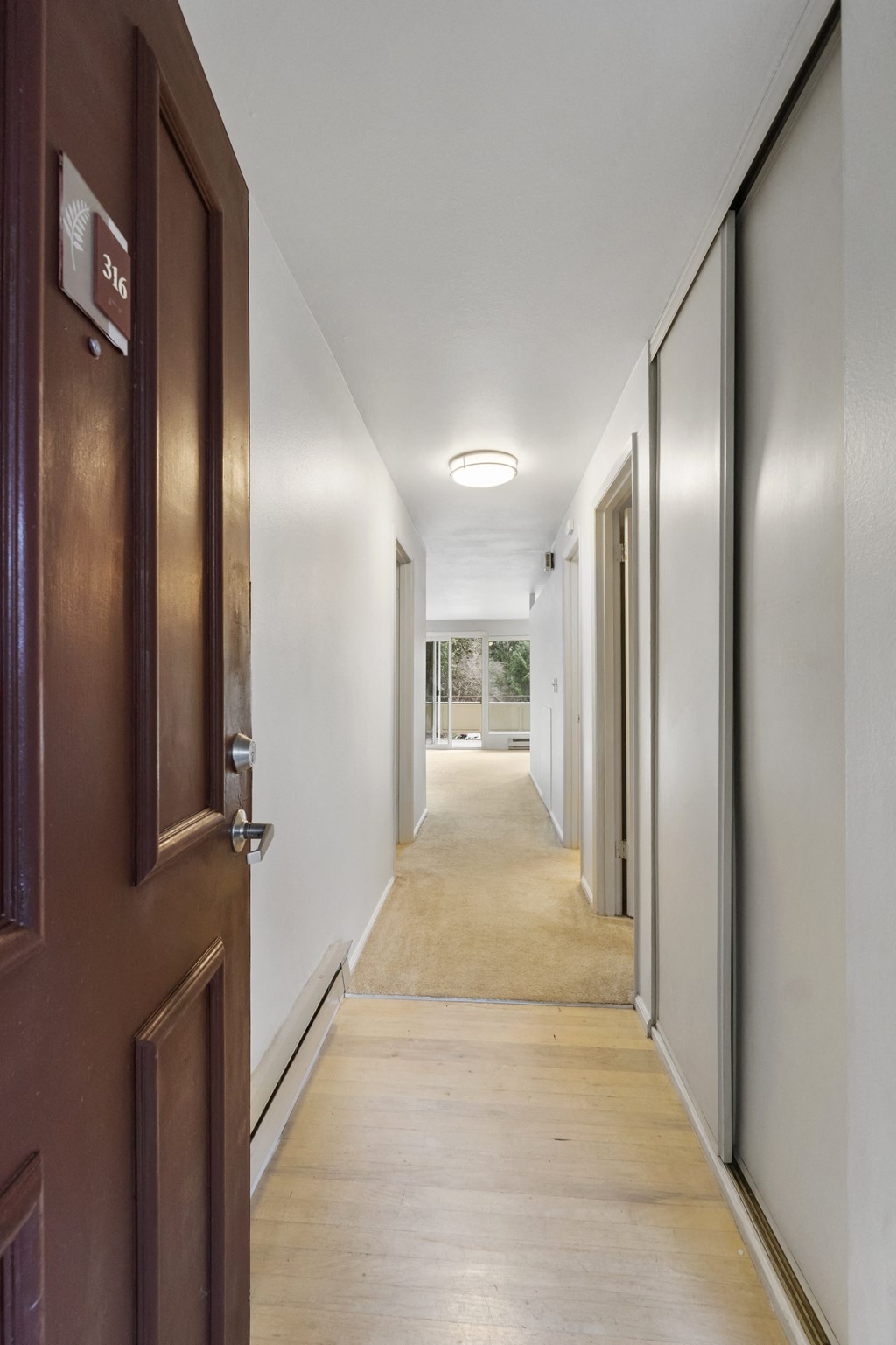 a hallway with wooden doors and white walls and a carpeted floor with a door