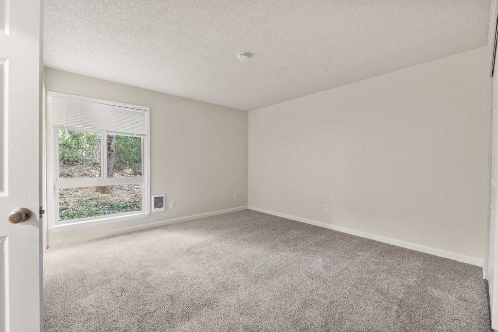an empty living room with a window and carpet