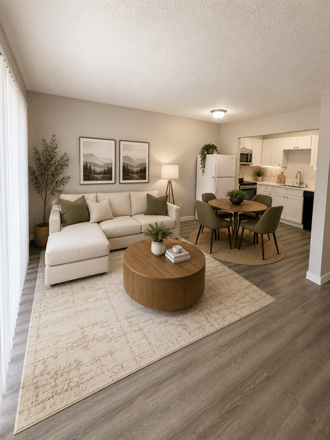 A modern living room with a white sofa, a wooden coffee table, and a dining table with chairs.