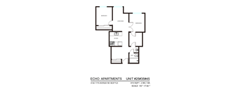 A floor plan for Echo Apartments shows a kitchen with an oven, sink, and dishwasher.