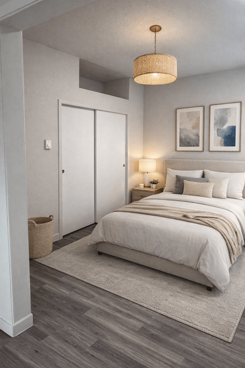 A bedroom with a bed, two lamps, and two pictures on the wall.