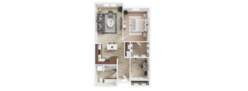 A top-down view of a small apartment layout with a kitchen, living room, and bedroom.