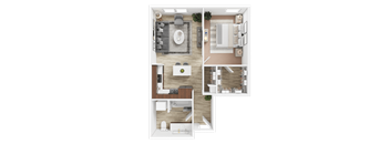 A top-down view of a small apartment with a kitchen, living room, and bathroom.