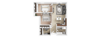 A 3D rendered image of a house layout with a kitchen, living room, and bathroom.