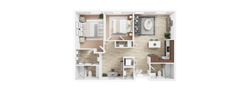 A 3D rendered image of a modern apartment layout.