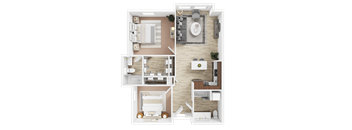 A 3D rendered image of a house layout.