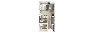 A top-down view of a small apartment with a kitchen, living room, and bedroom.