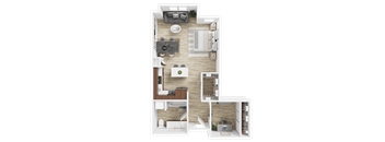 A 3D floor plan of a house showing a kitchen, living room, dining area, and bedrooms.